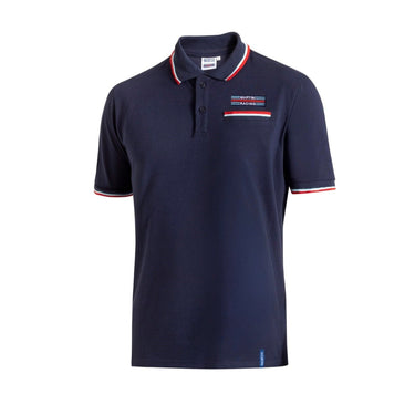 Front view of Sparco Martini Racing Polo Pocket Shirt in navy with Martini Racing chest patch and striped collar and cuffs -image